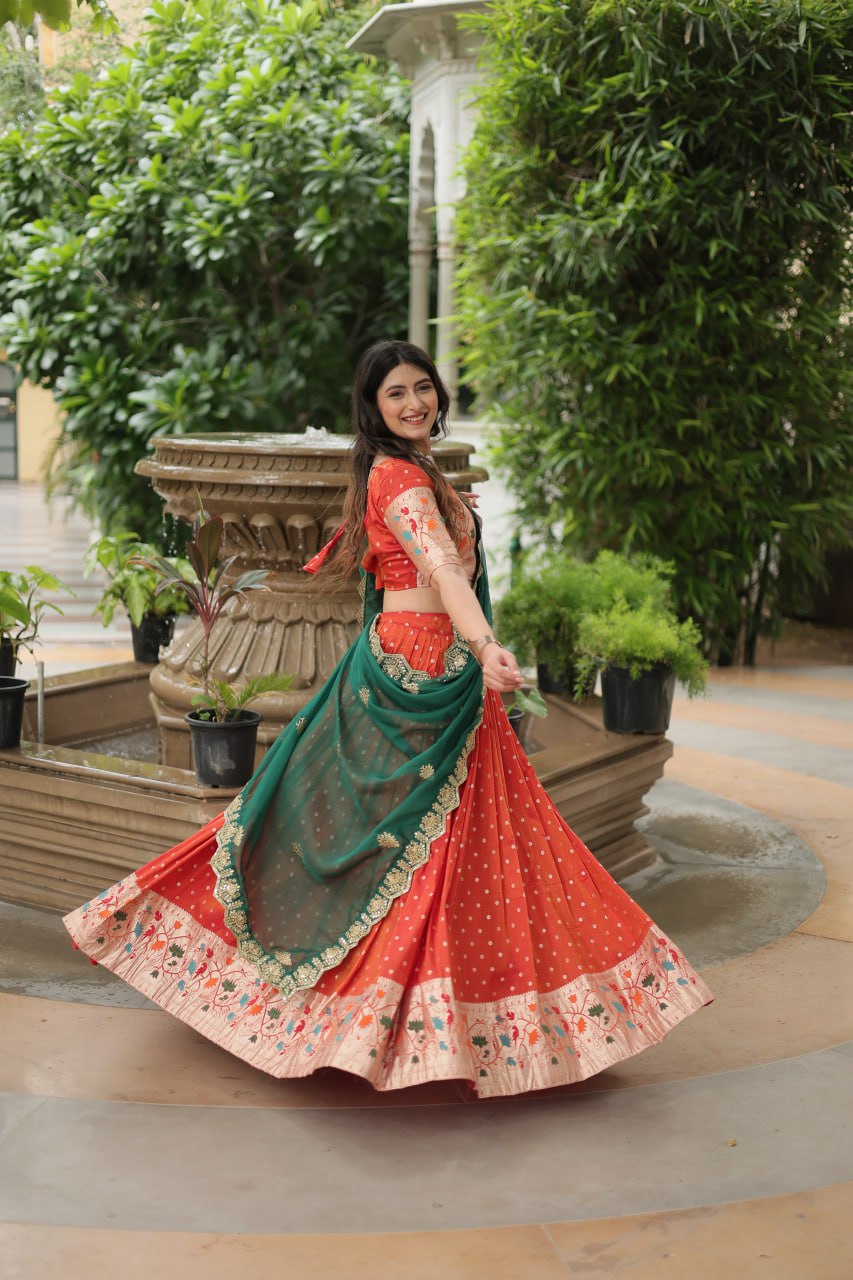 Orange Color Cosmos Jequard With Meena Weaving Lehenga