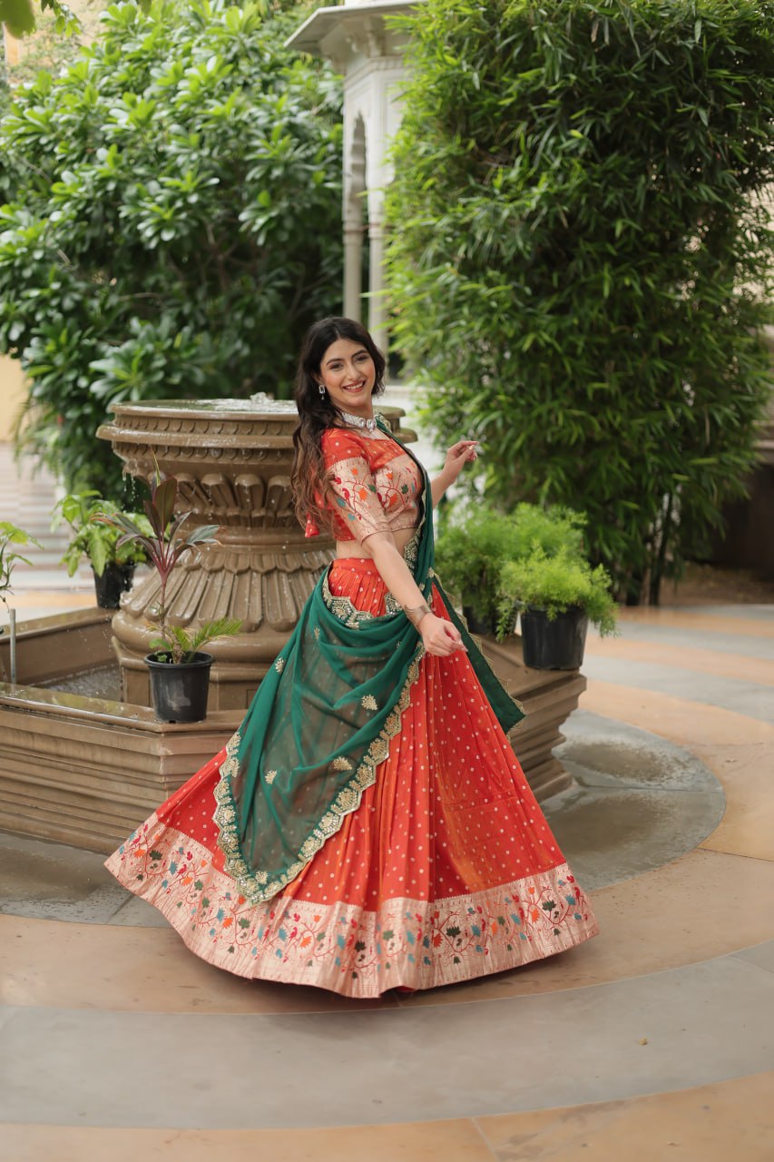 Orange Color Cosmos Jequard With Meena Weaving Lehenga