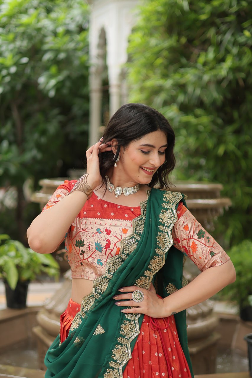 Orange Color Cosmos Jequard With Meena Weaving Lehenga