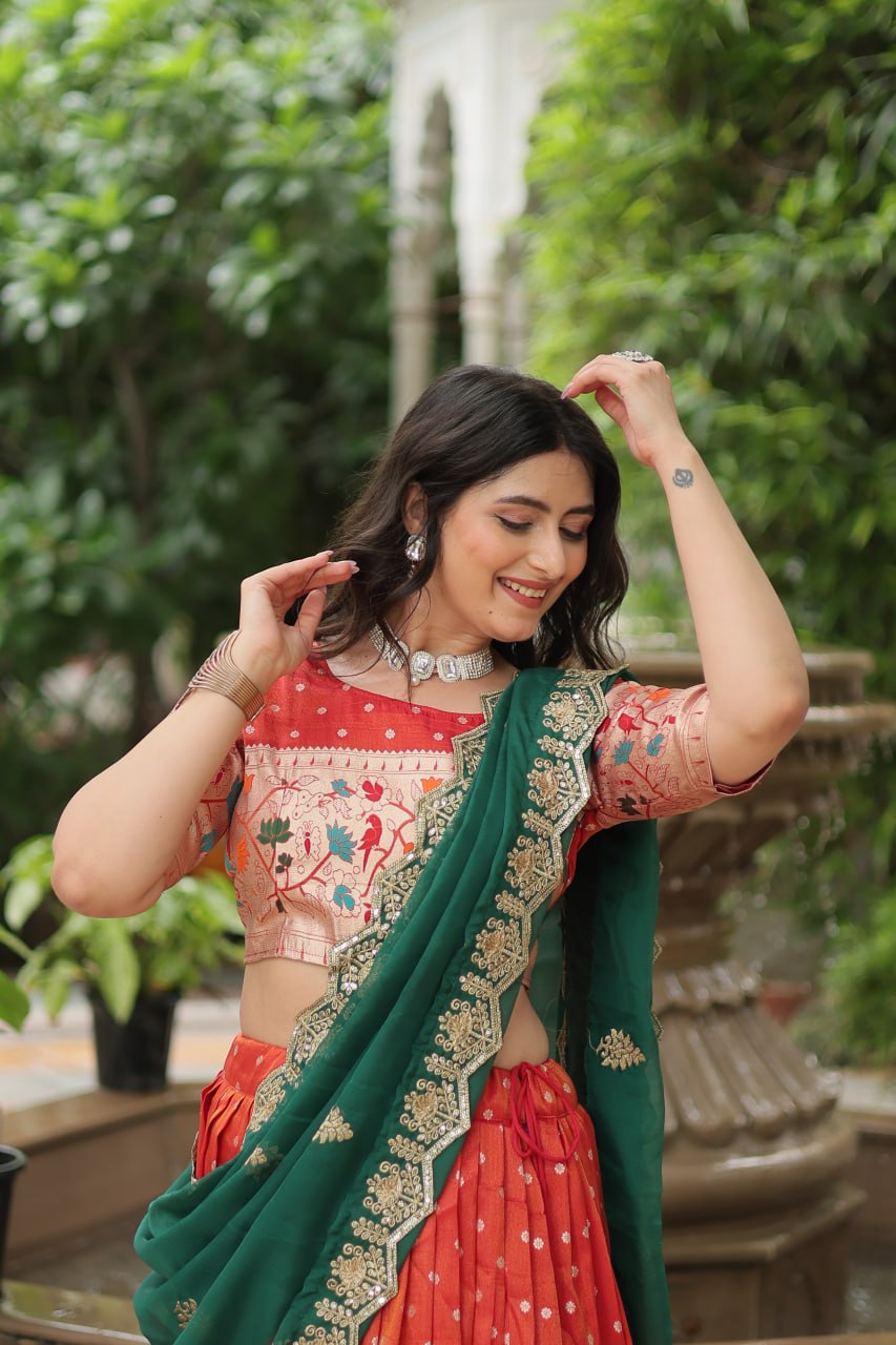 Orange Color Cosmos Jequard With Meena Weaving Lehenga