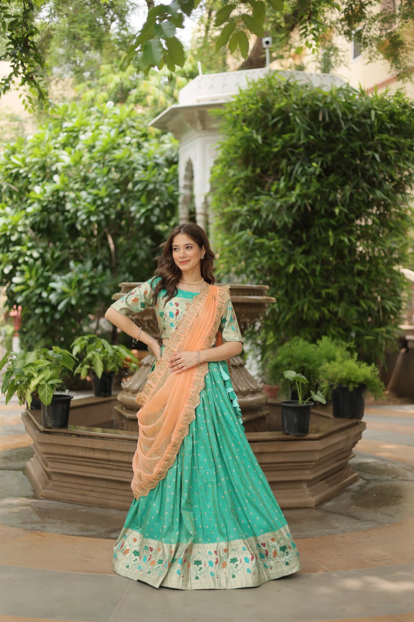 Pista Color Cosmos Jequard With Meena Weaving Lehenga