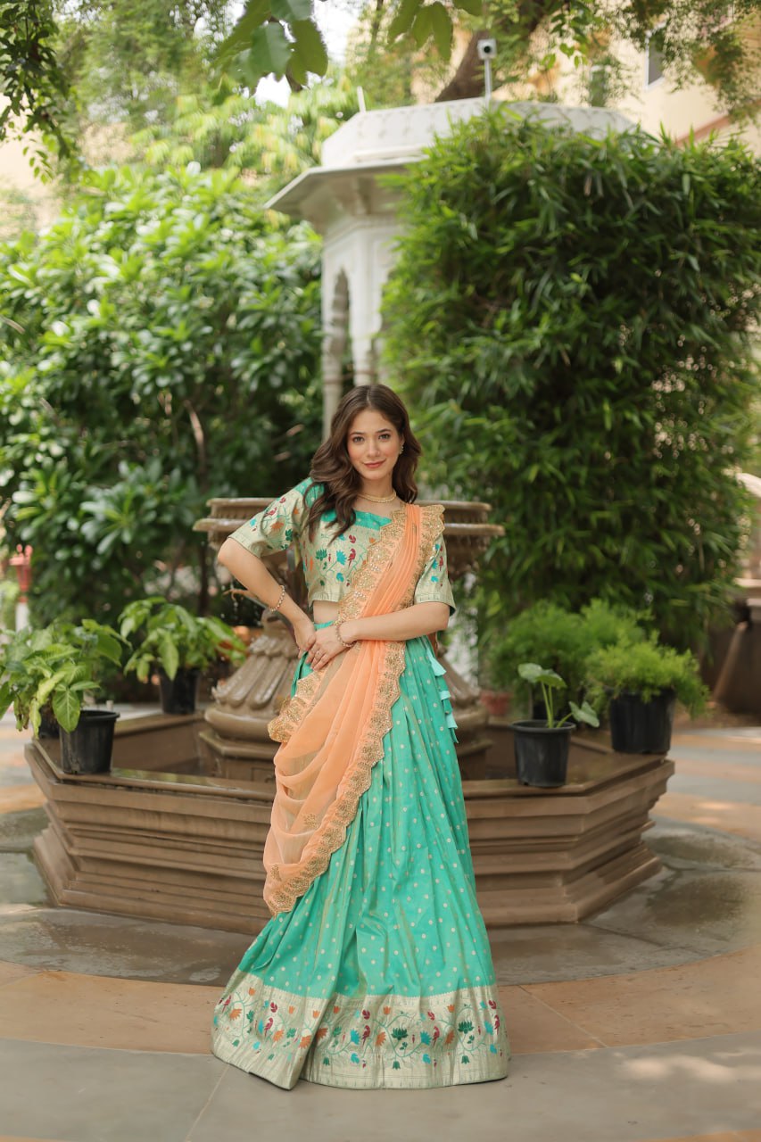 Pista Color Cosmos Jequard With Meena Weaving Lehenga