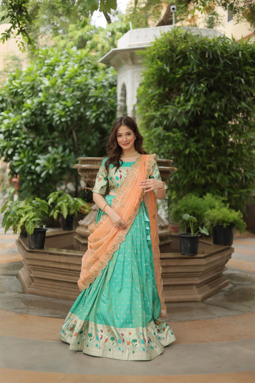 Pista Color Cosmos Jequard With Meena Weaving Lehenga