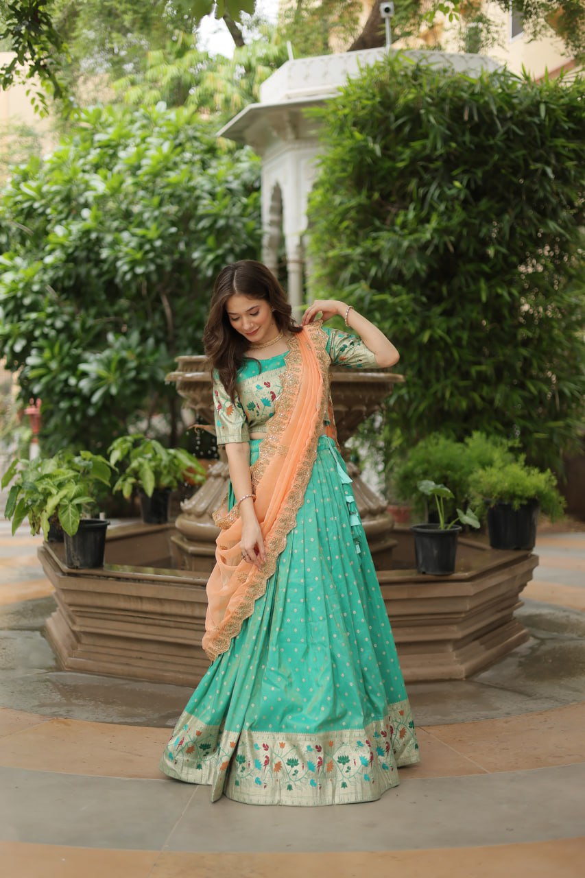 Pista Color Cosmos Jequard With Meena Weaving Lehenga