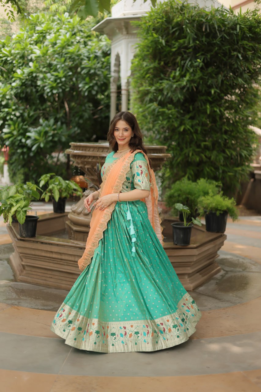 Pista Color Cosmos Jequard With Meena Weaving Lehenga