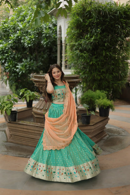 Pista Color Cosmos Jequard With Meena Weaving Lehenga