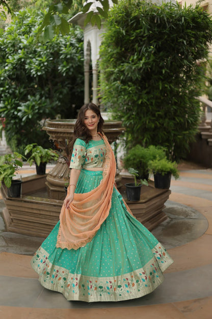 Pista Color Cosmos Jequard With Meena Weaving Lehenga