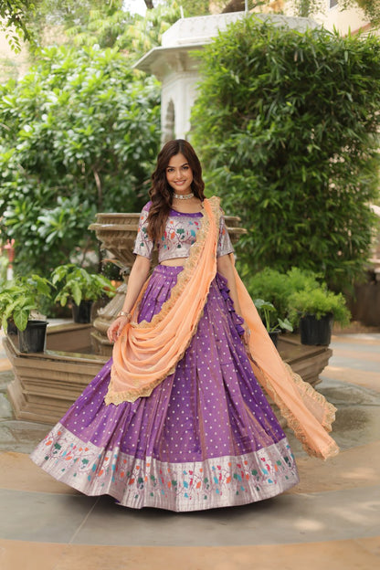 Lavender Color Cosmos Jequard With Meena Weaving Lehenga