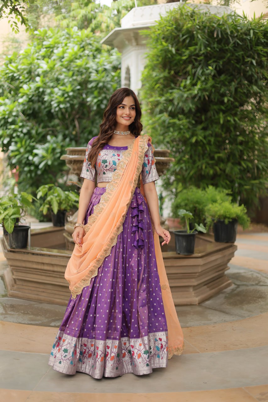 Lavender Color Cosmos Jequard With Meena Weaving Lehenga