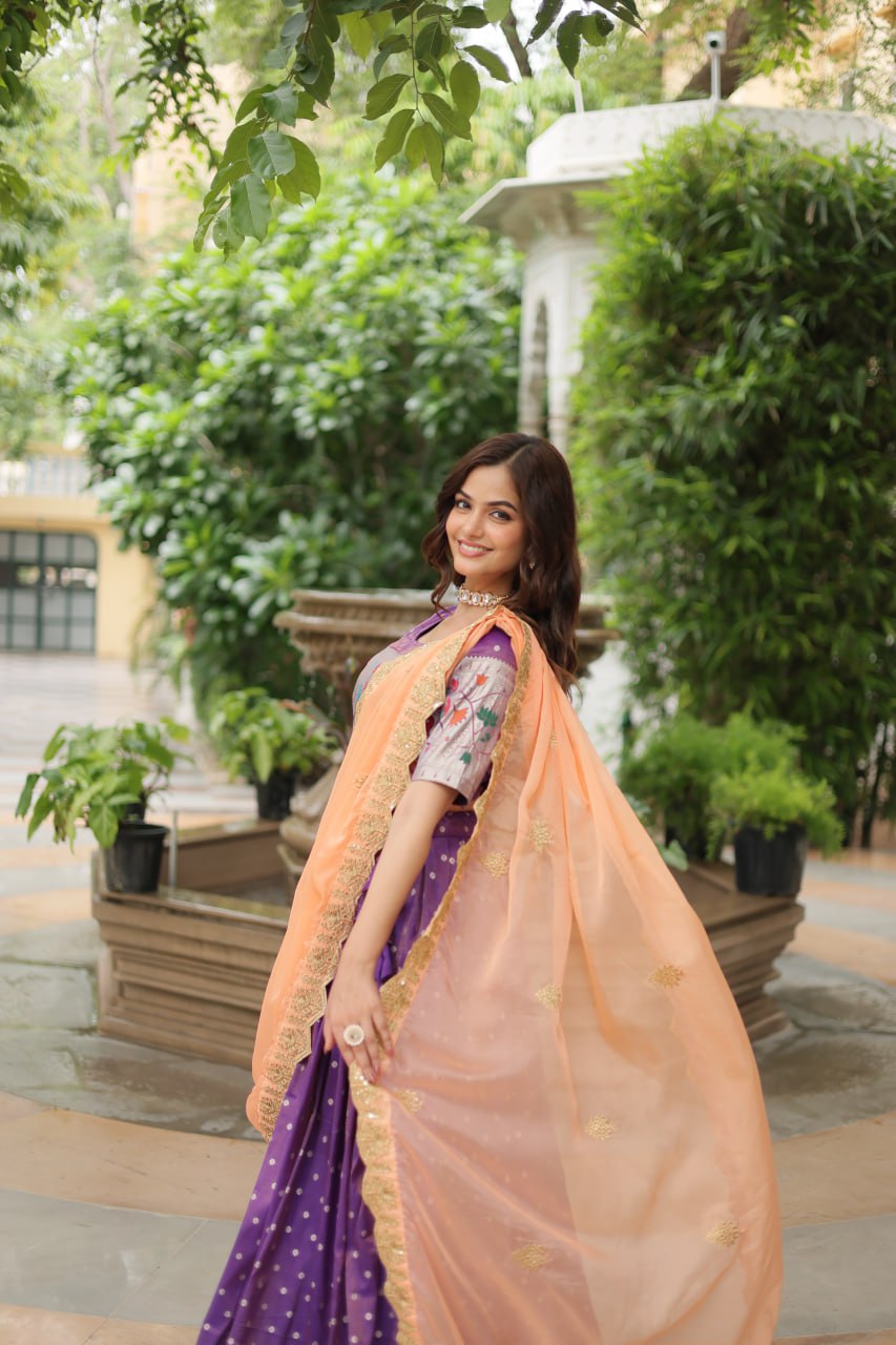 Lavender Color Cosmos Jequard With Meena Weaving Lehenga