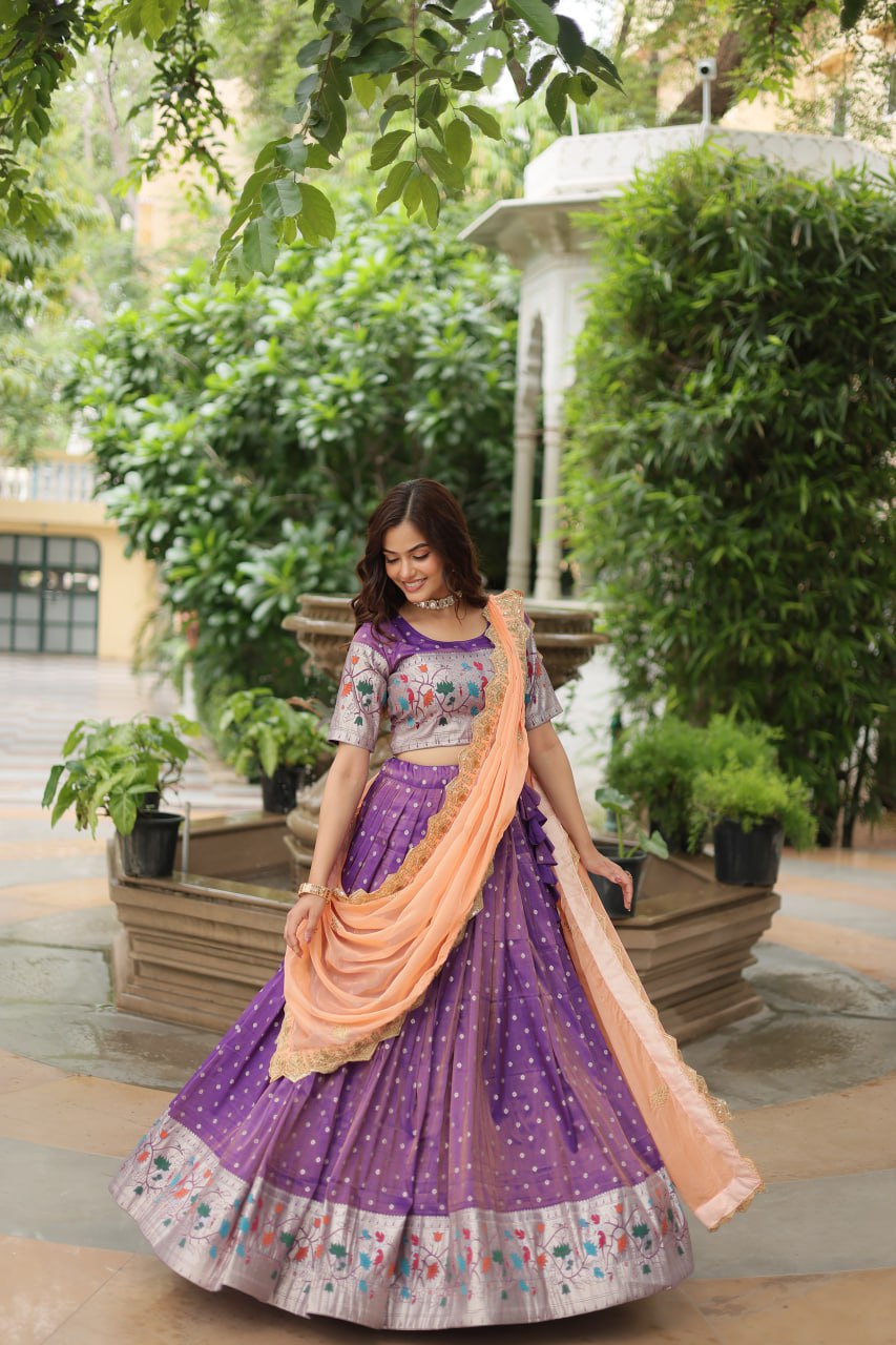 Lavender Color Cosmos Jequard With Meena Weaving Lehenga