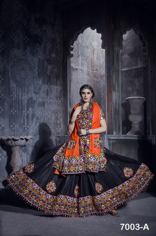 Orange Rajwadi Gamthi Lace With Mirror Work Navratri Lehenga Choli