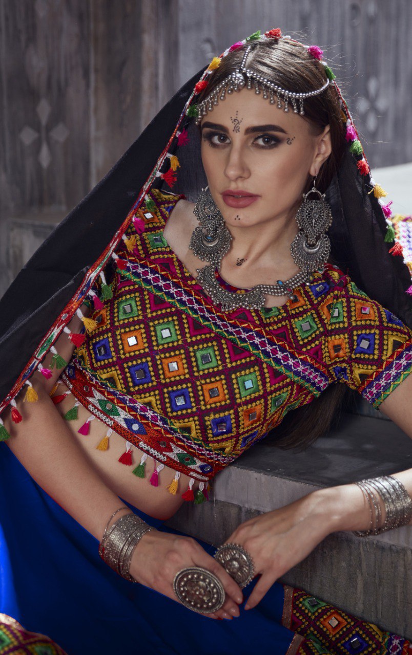 Blue Gamthi Lace With Mirror Work Navratri Lehenga Choli