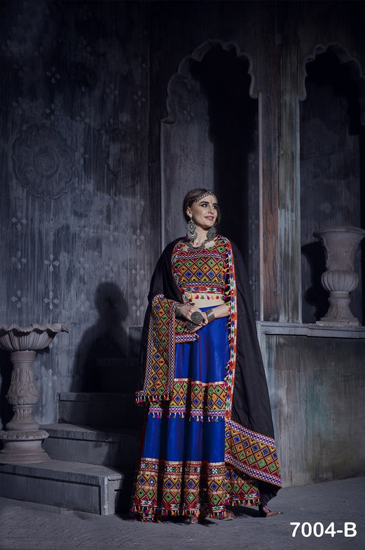 Blue Gamthi Lace With Mirror Work Navratri Lehenga Choli