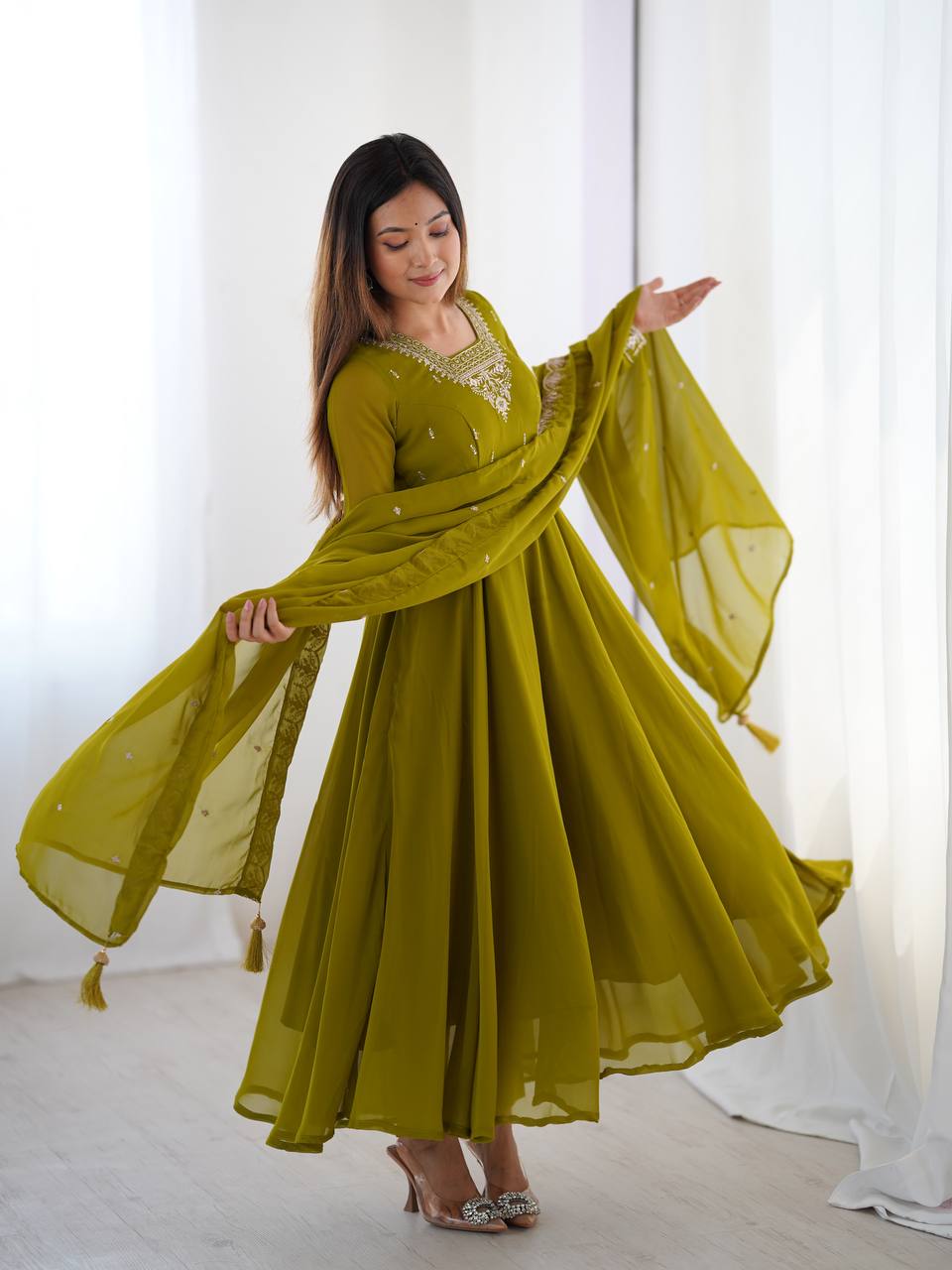 Green Pure Soft Fox Georgette Fabric Fully Flair Anarkali Salwar Suit