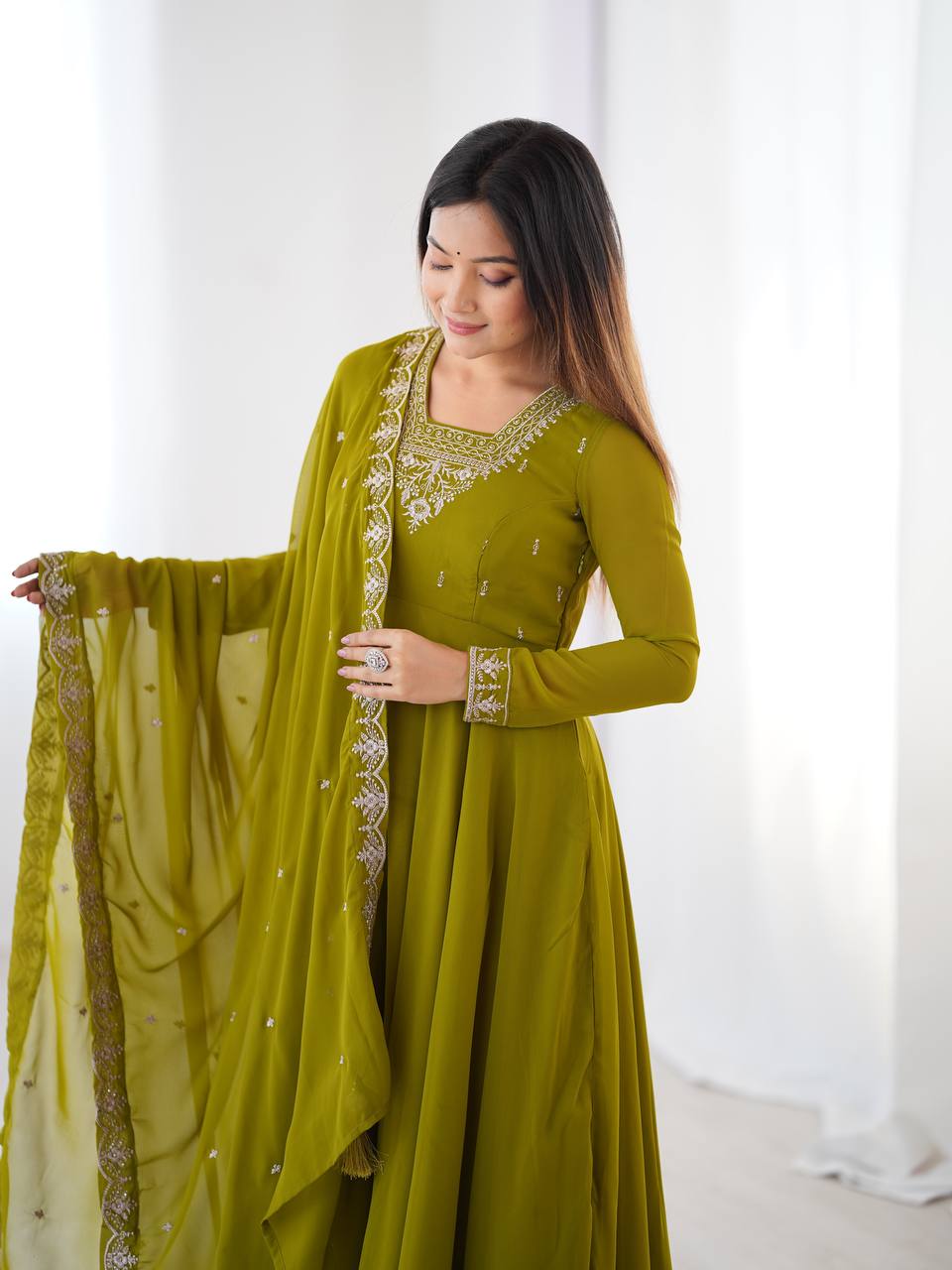 Green Pure Soft Fox Georgette Fabric Fully Flair Anarkali Salwar Suit