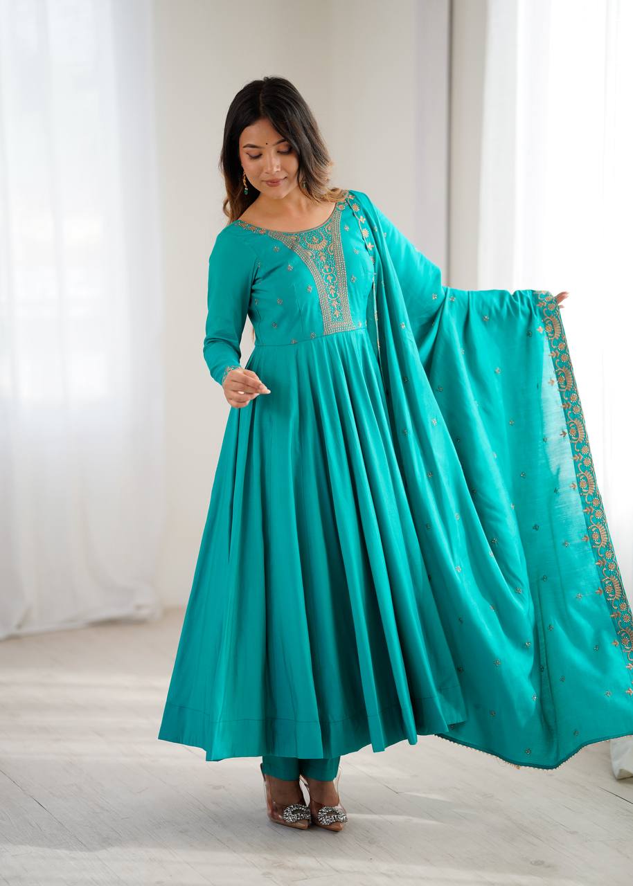 Rama Chanderi Silk Fabric Fancy Handwork Beads Full Flare Anarkali Suit