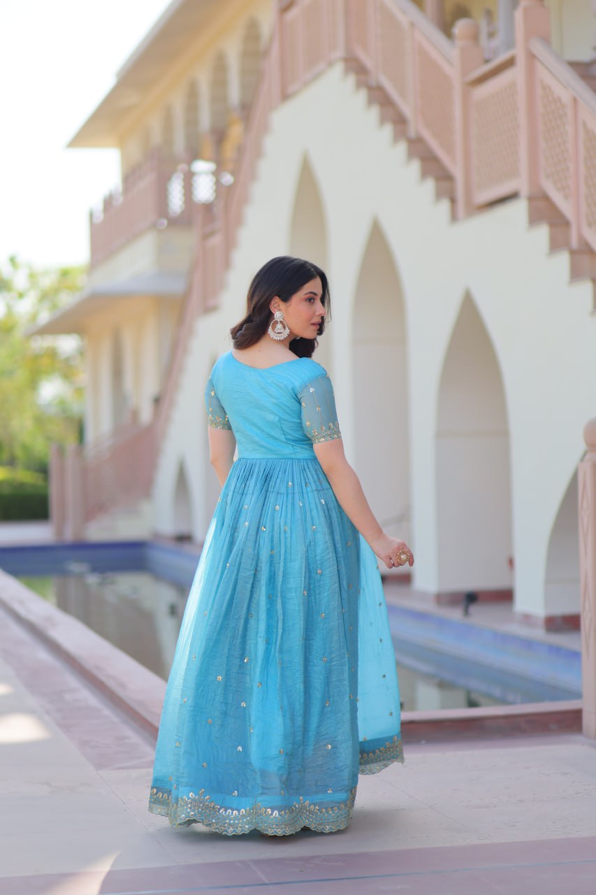 Sky Blue Gold Crush Embroidery Zari Sequins Work Gown