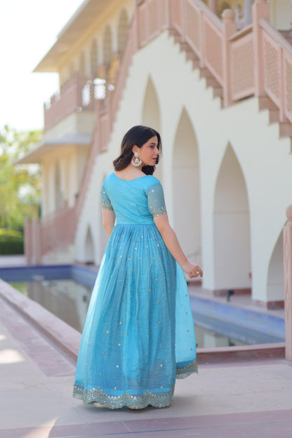 Sky Blue Gold Crush Embroidery Zari Sequins Work Gown