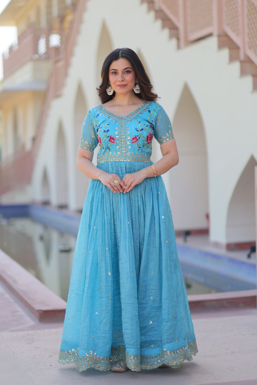 Sky Blue Gold Crush Embroidery Zari Sequins Work Gown