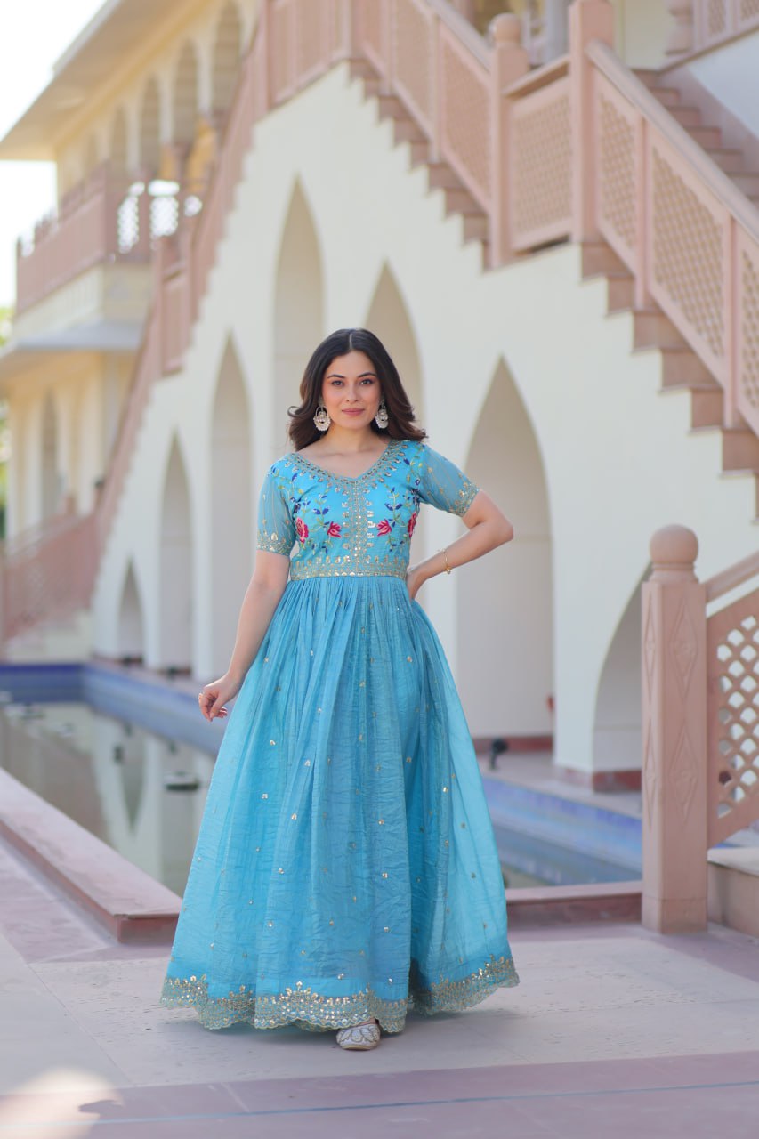 Sky Blue Gold Crush Embroidery Zari Sequins Work Gown