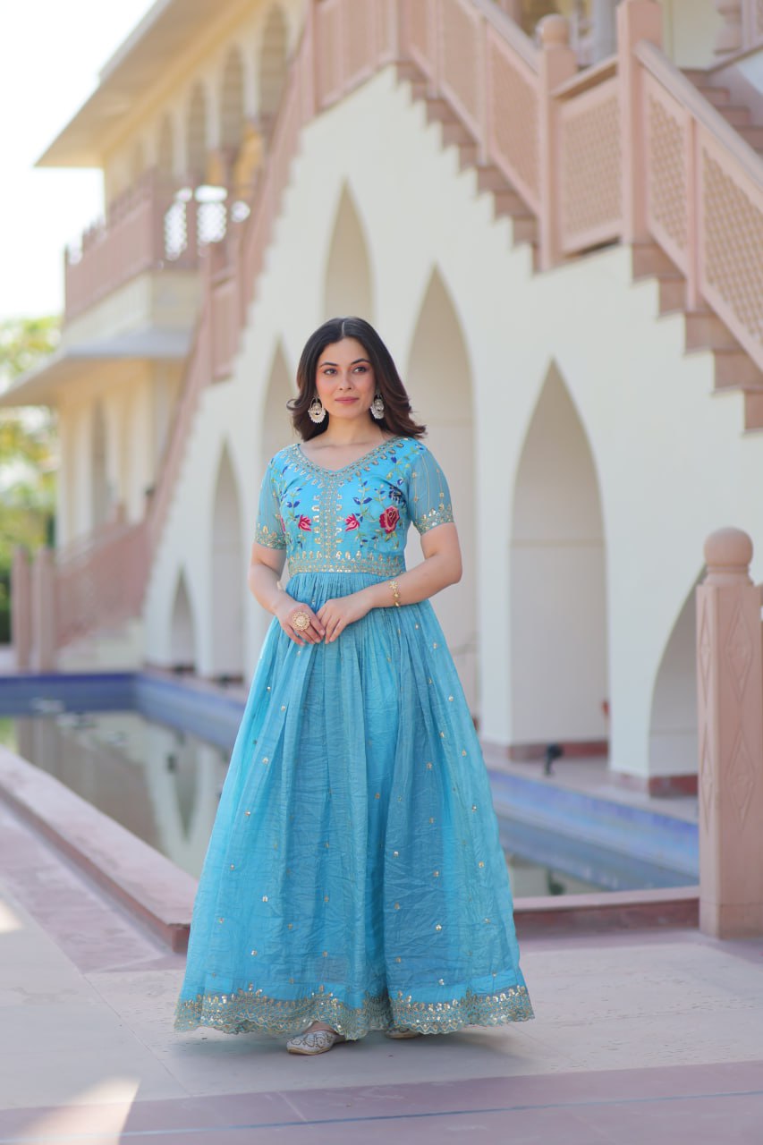 Sky Blue Gold Crush Embroidery Zari Sequins Work Gown