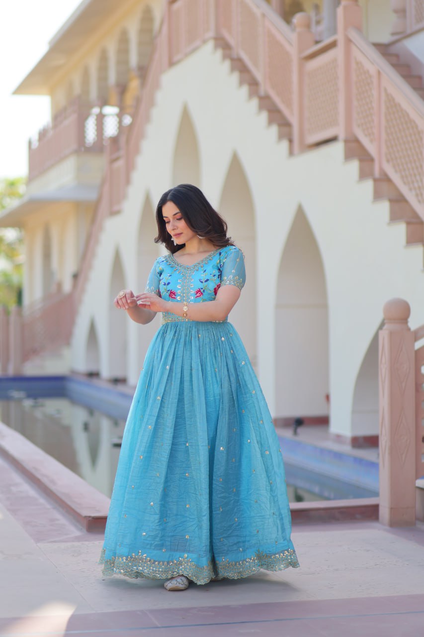 Sky Blue Gold Crush Embroidery Zari Sequins Work Gown