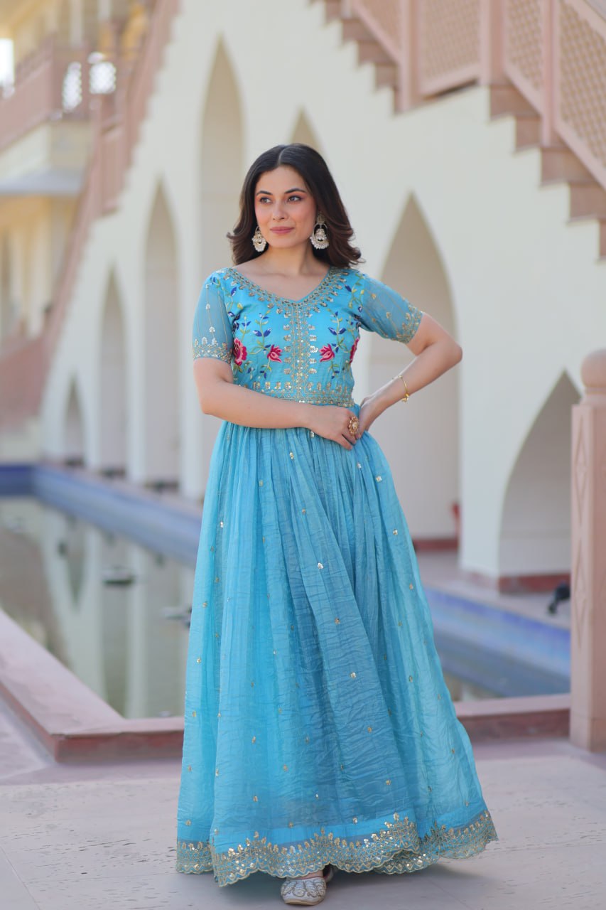 Sky Blue Gold Crush Embroidery Zari Sequins Work Gown
