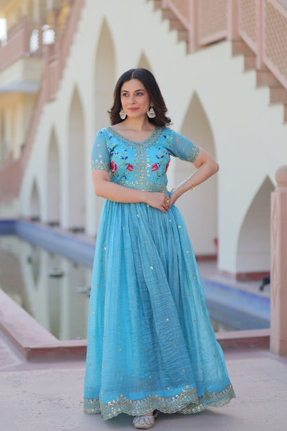Sky Blue Gold Crush Embroidery Zari Sequins Work Gown
