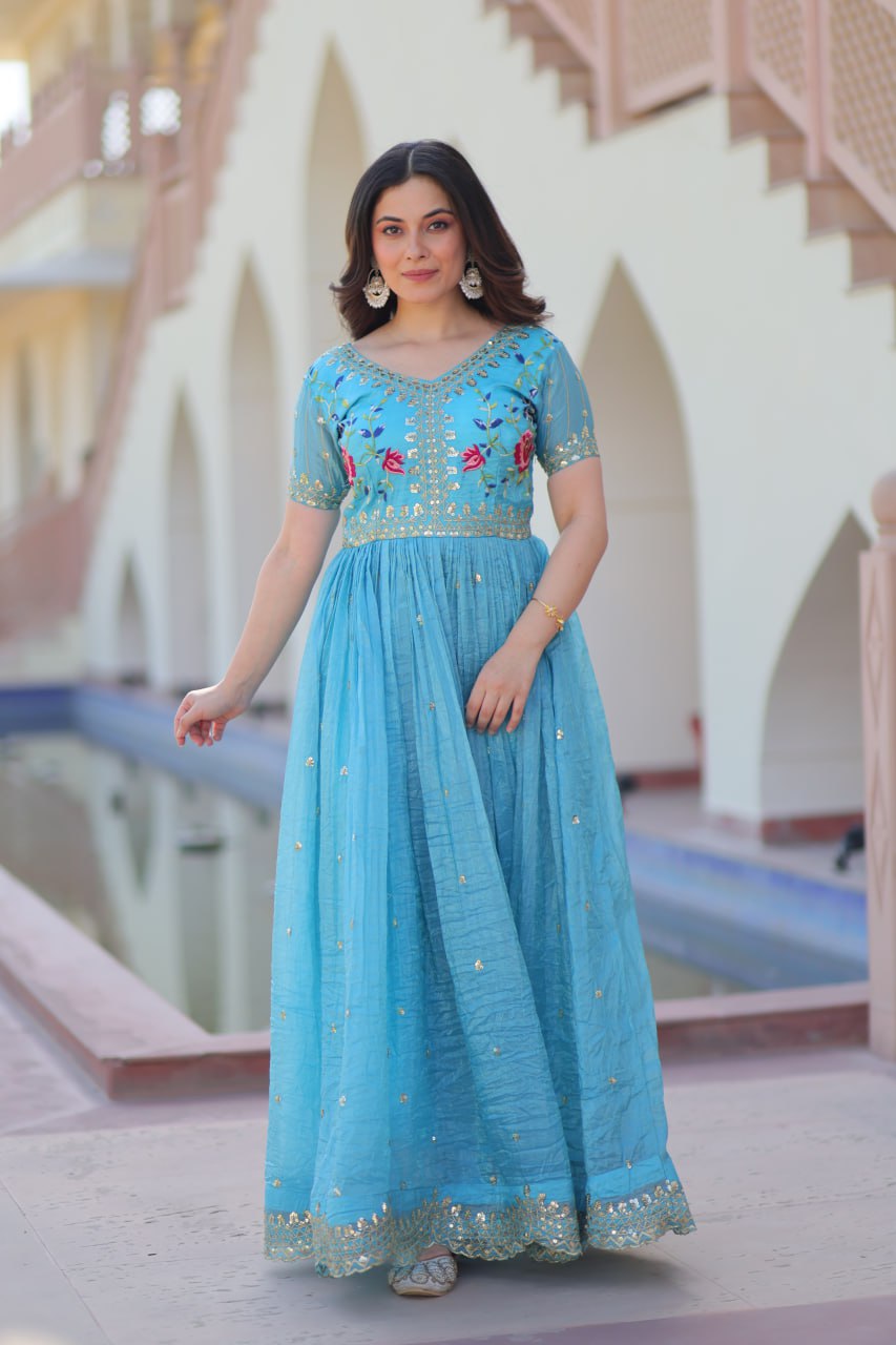 Sky Blue Gold Crush Embroidery Zari Sequins Work Gown