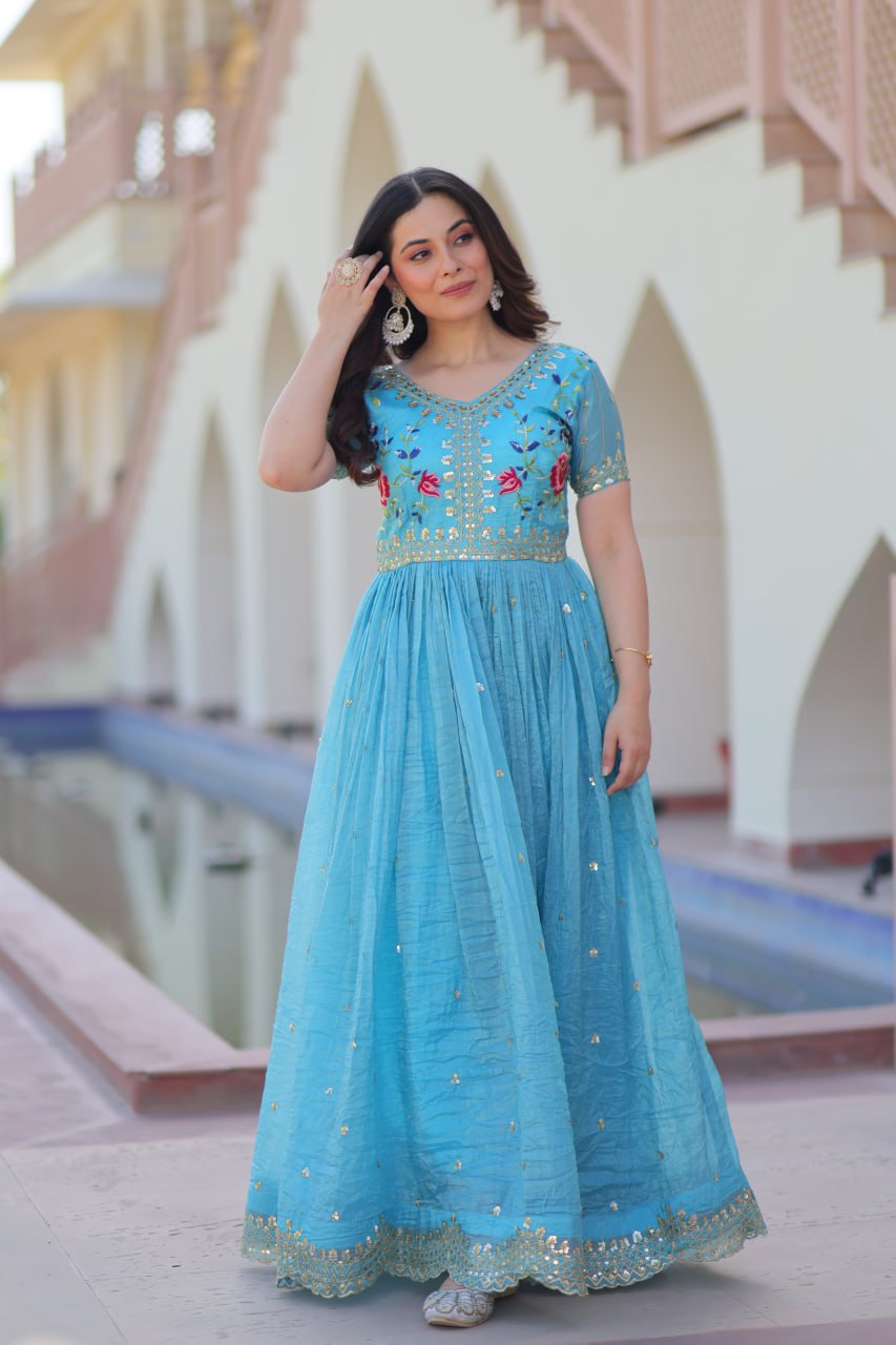 Sky Blue Gold Crush Embroidery Zari Sequins Work Gown