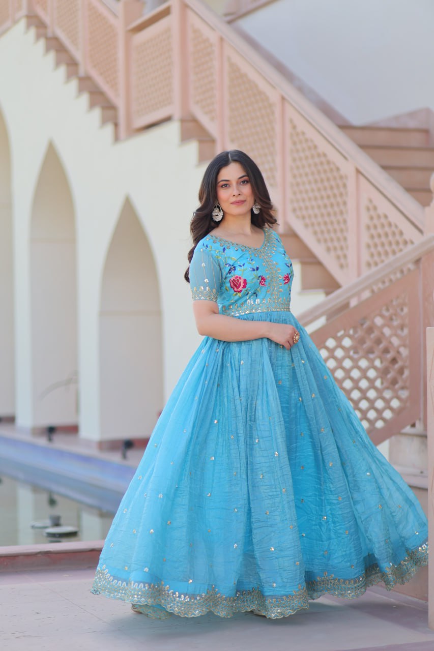Sky Blue Gold Crush Embroidery Zari Sequins Work Gown