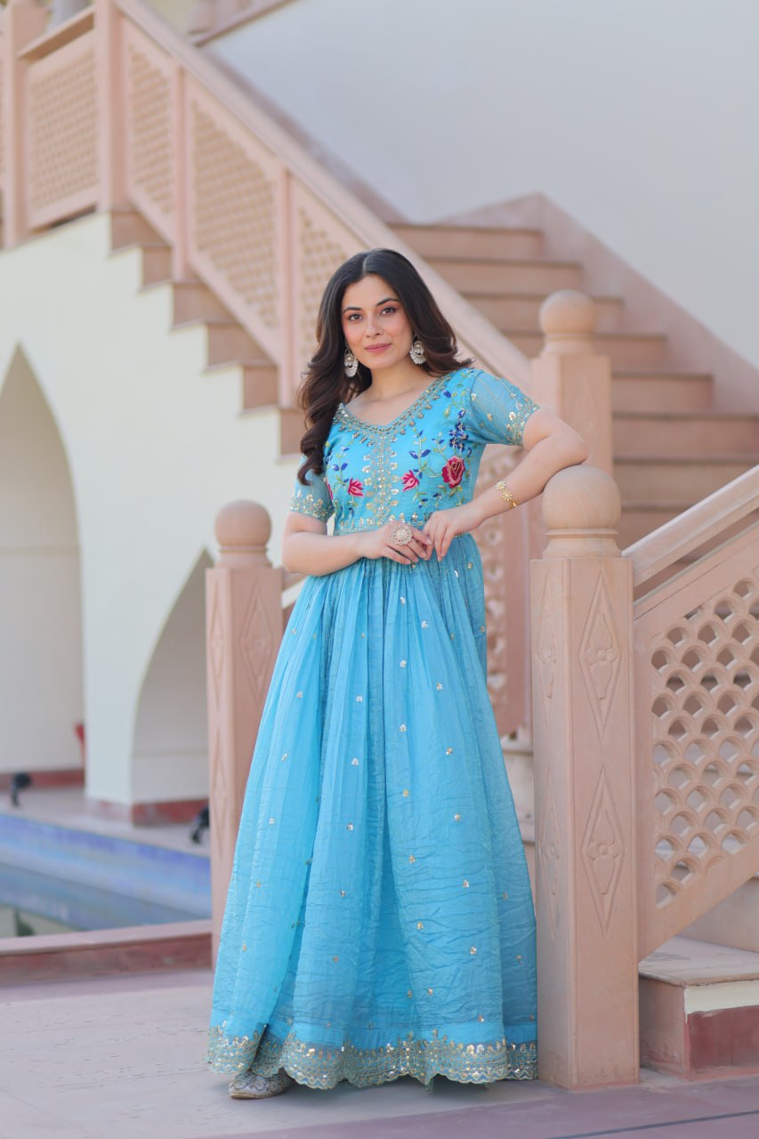 Sky Blue Gold Crush Embroidery Zari Sequins Work Gown
