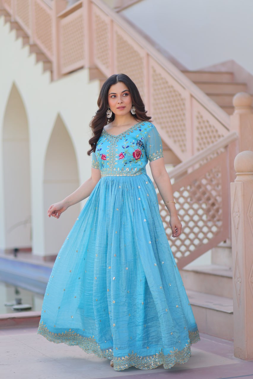 Sky Blue Gold Crush Embroidery Zari Sequins Work Gown