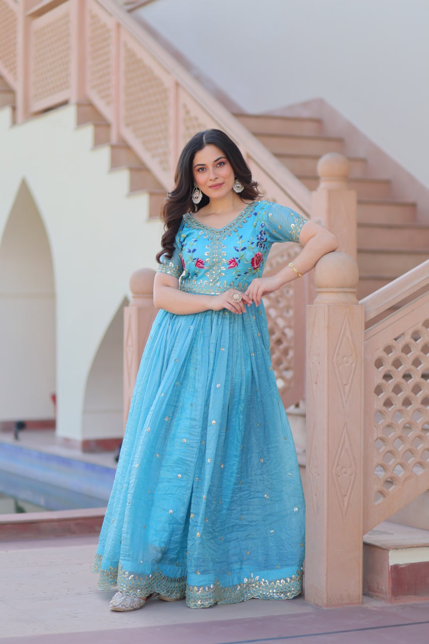 Sky Blue Gold Crush Embroidery Zari Sequins Work Gown