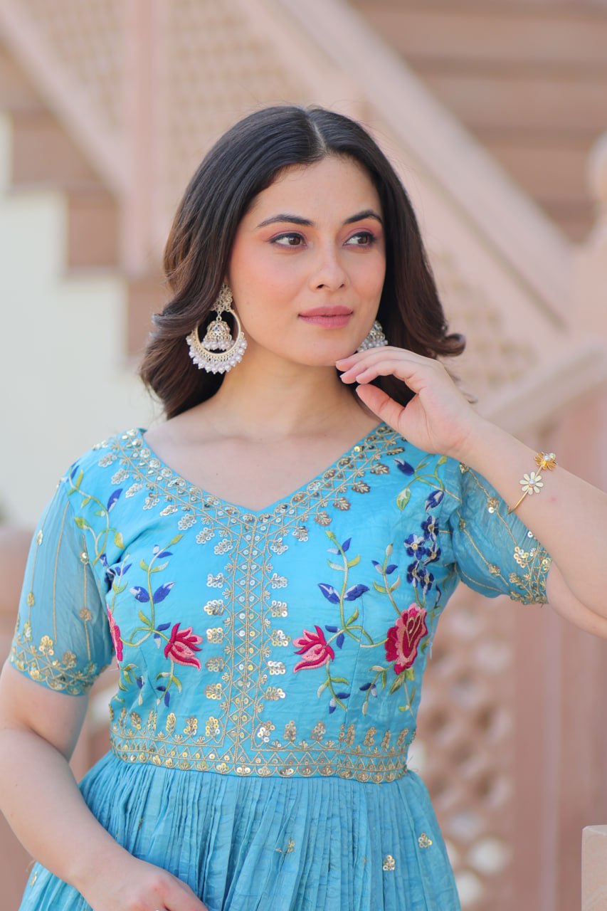 Sky Blue Gold Crush Embroidery Zari Sequins Work Gown
