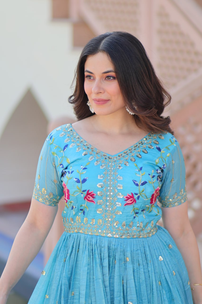Sky Blue Gold Crush Embroidery Zari Sequins Work Gown