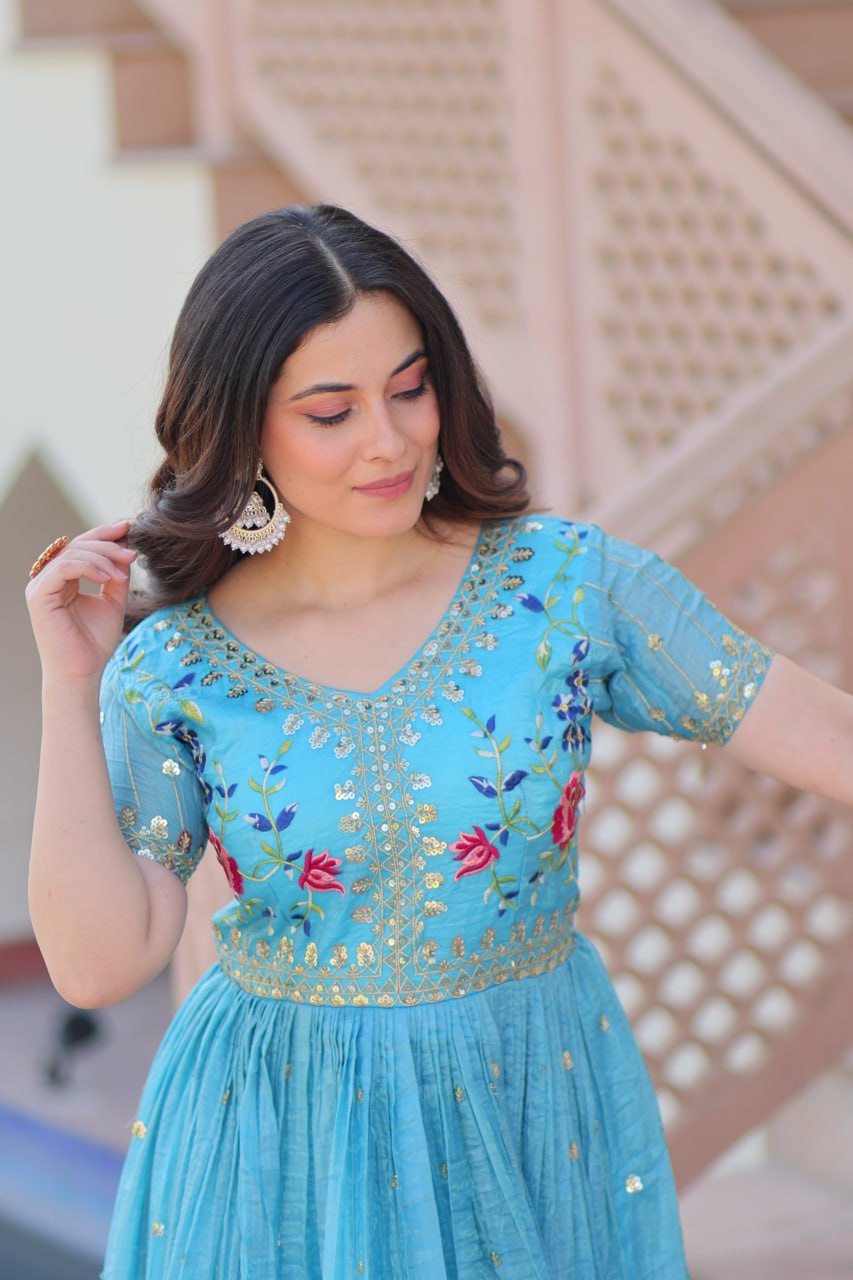 Sky Blue Gold Crush Embroidery Zari Sequins Work Gown