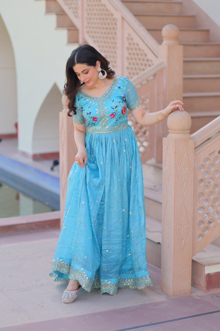 Sky Blue Gold Crush Embroidery Zari Sequins Work Gown