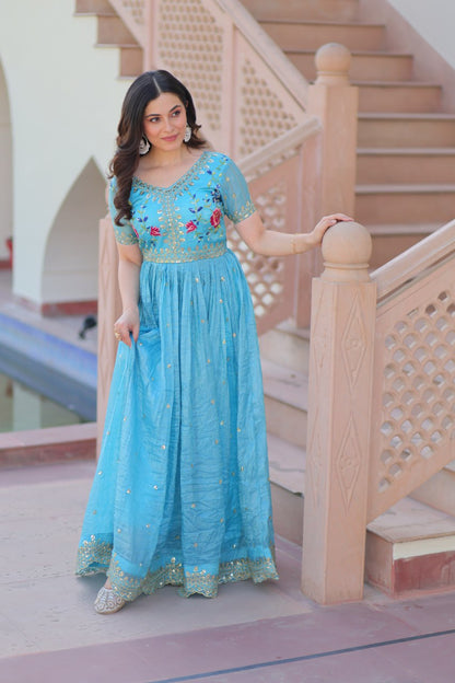 Sky Blue Gold Crush Embroidery Zari Sequins Work Gown