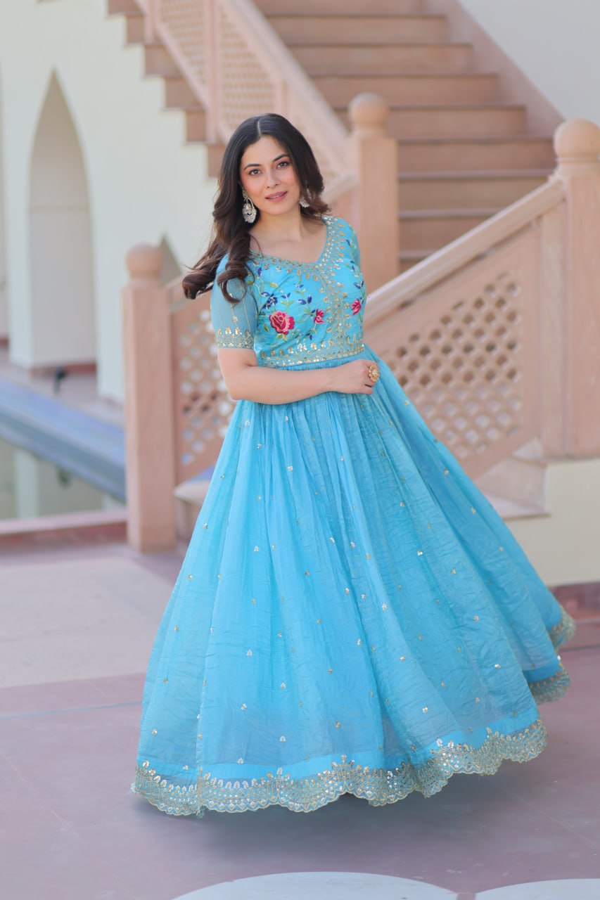 Sky Blue Gold Crush Embroidery Zari Sequins Work Gown