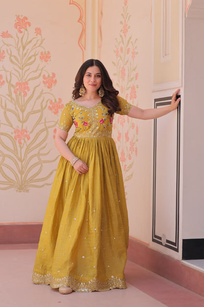 Musterd Gold Crush Embroidery Zari Sequins Work Gown