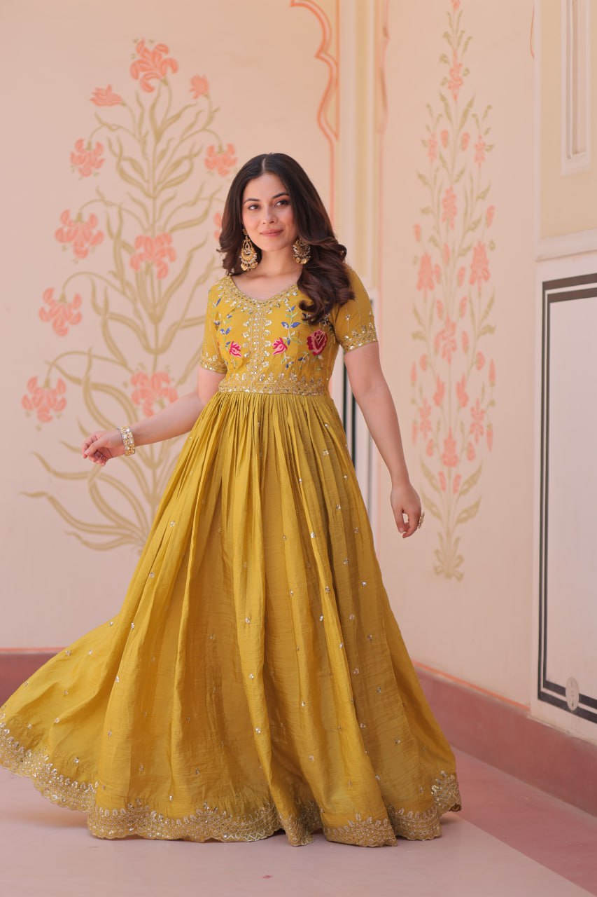 Musterd Gold Crush Embroidery Zari Sequins Work Gown