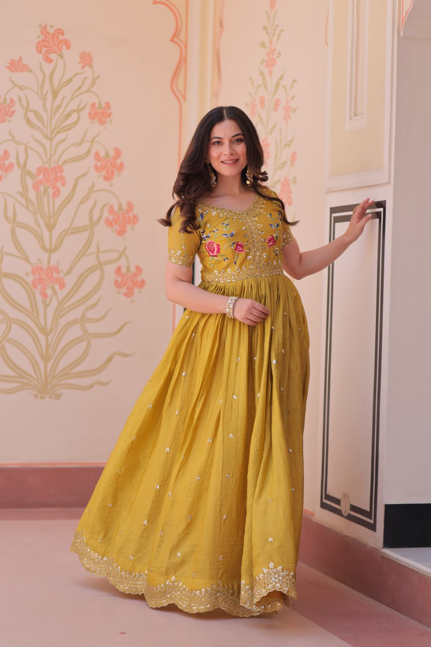 Musterd Gold Crush Embroidery Zari Sequins Work Gown