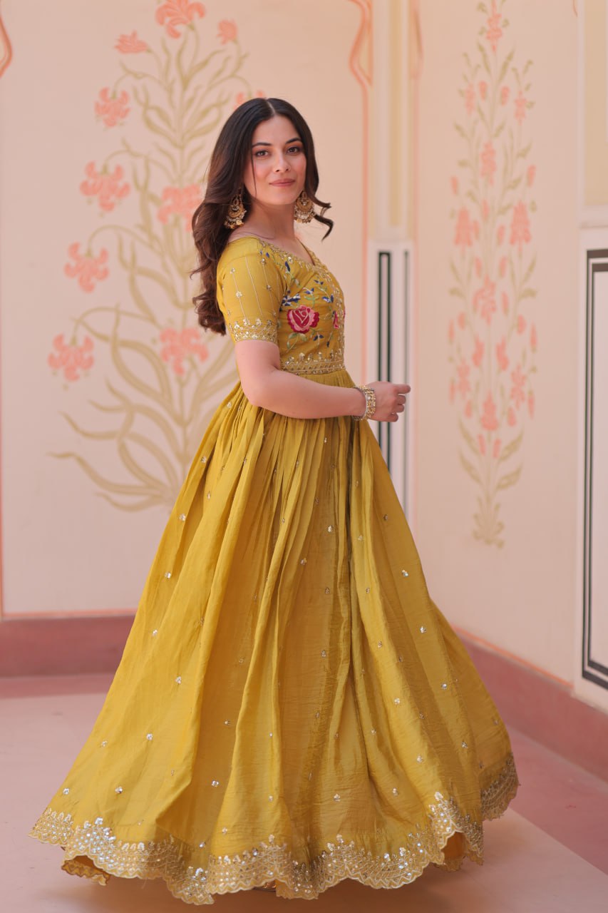 Musterd Gold Crush Embroidery Zari Sequins Work Gown