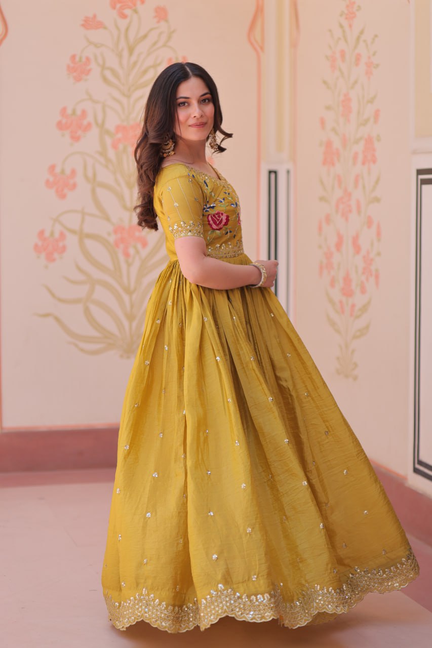 Musterd Gold Crush Embroidery Zari Sequins Work Gown