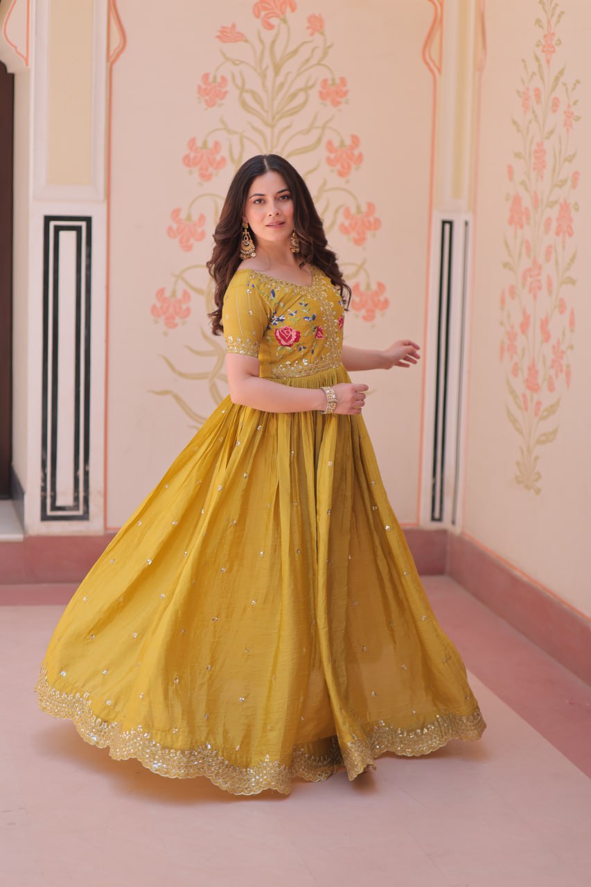 Musterd Gold Crush Embroidery Zari Sequins Work Gown