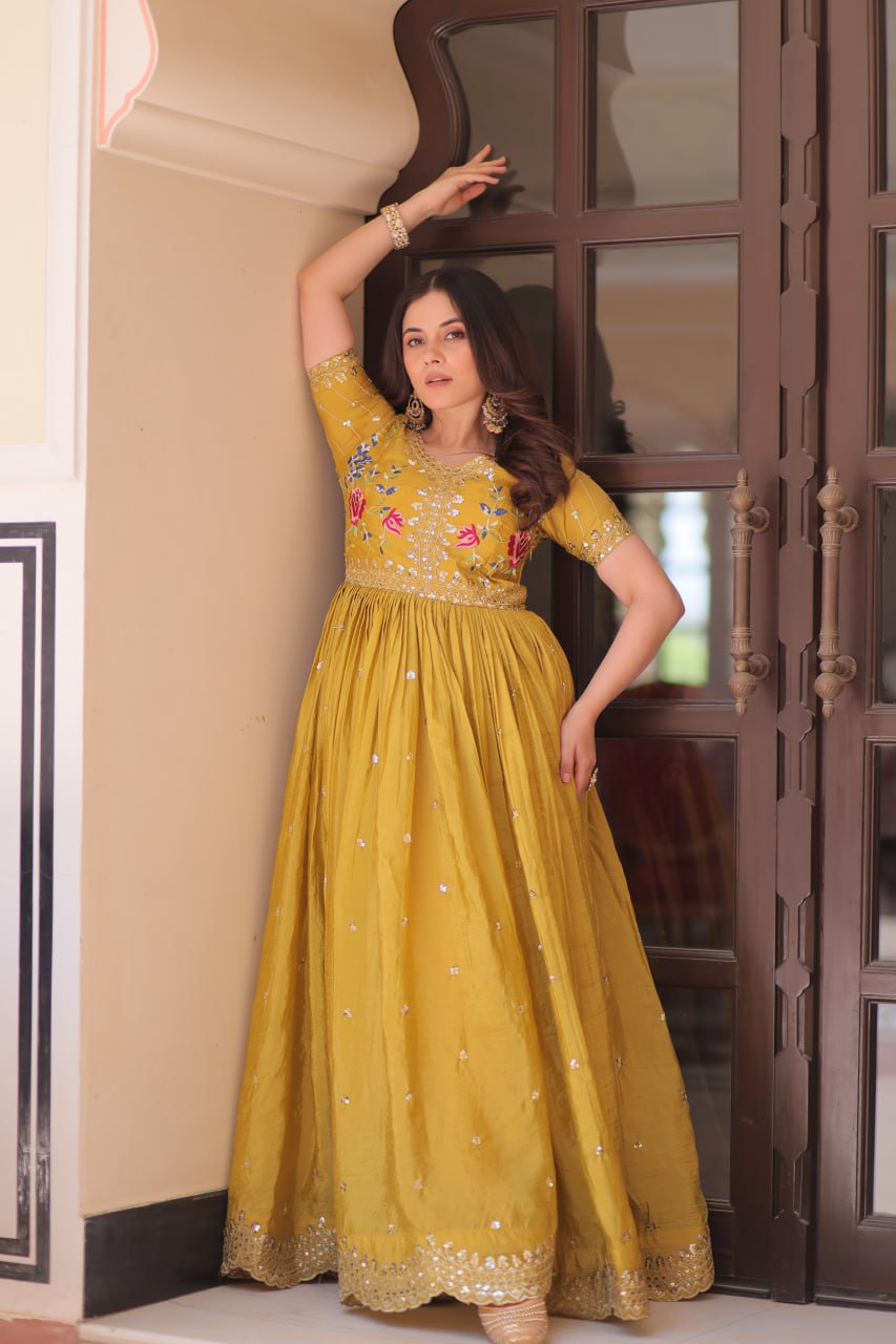 Musterd Gold Crush Embroidery Zari Sequins Work Gown