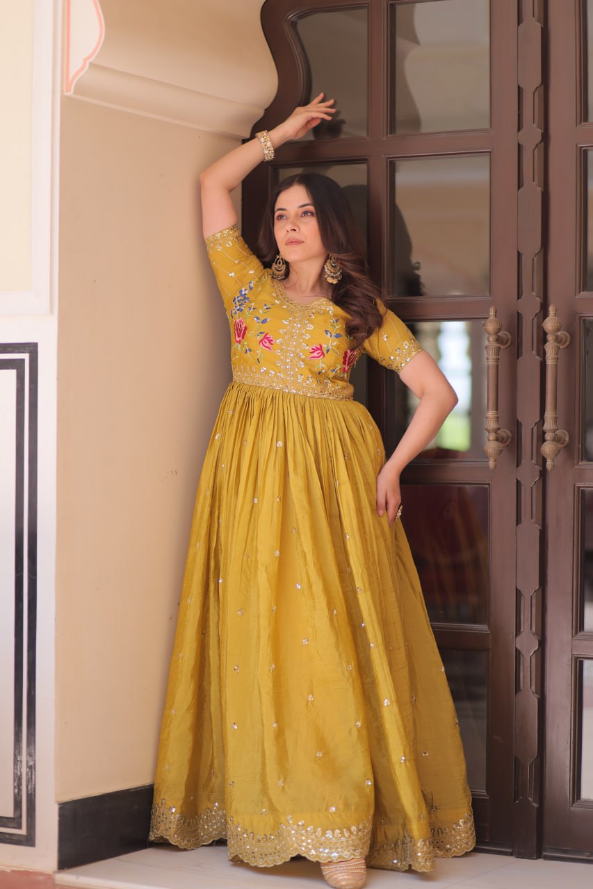 Musterd Gold Crush Embroidery Zari Sequins Work Gown