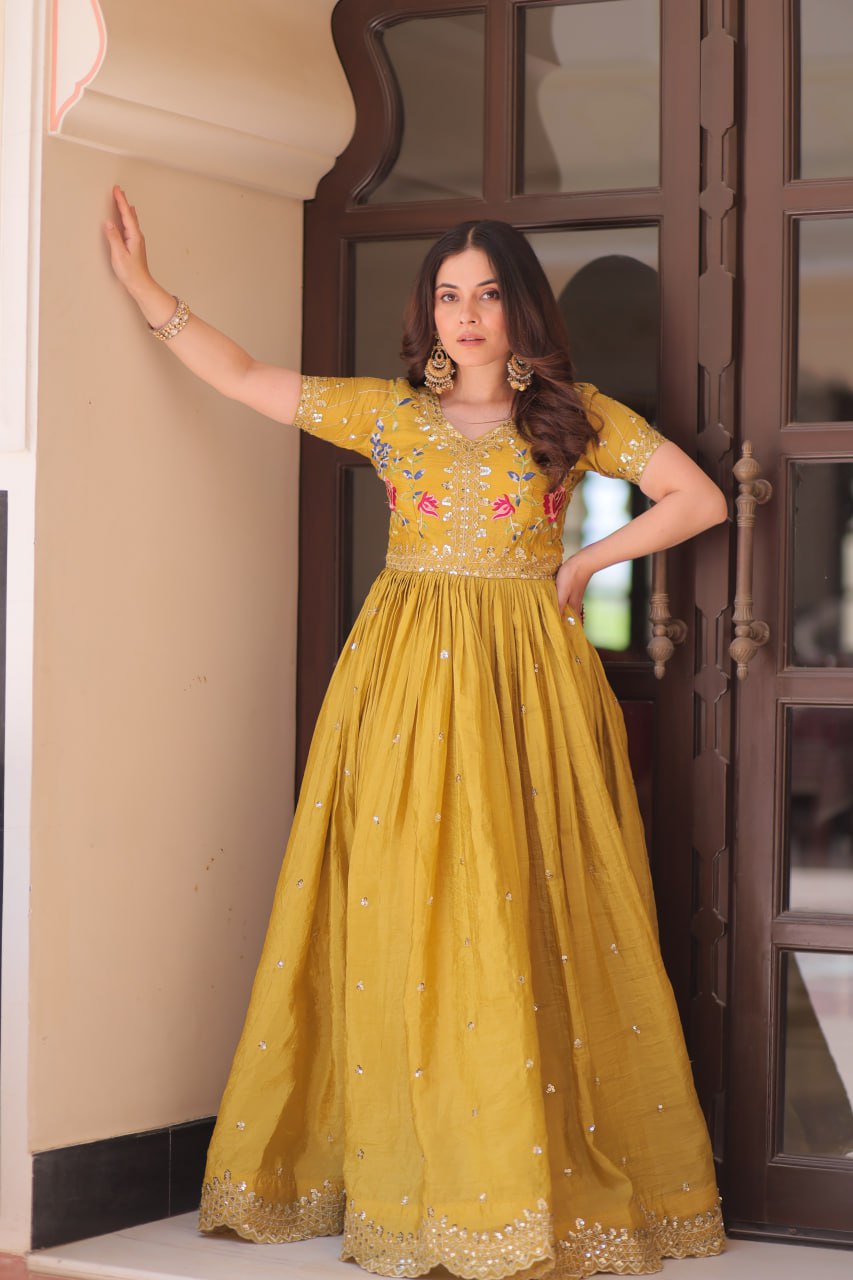 Musterd Gold Crush Embroidery Zari Sequins Work Gown